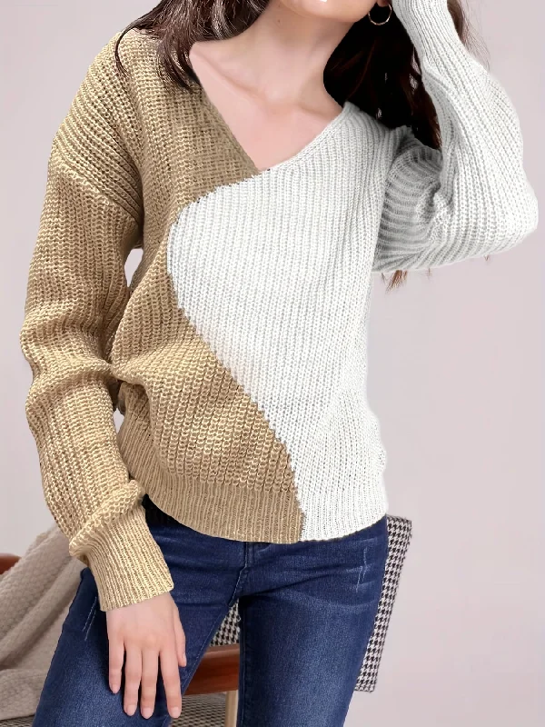 Sixsr Color Block Drop Shoulder Sweater, Casual V-neck Long Sleeve Sweater, Women's Clothing