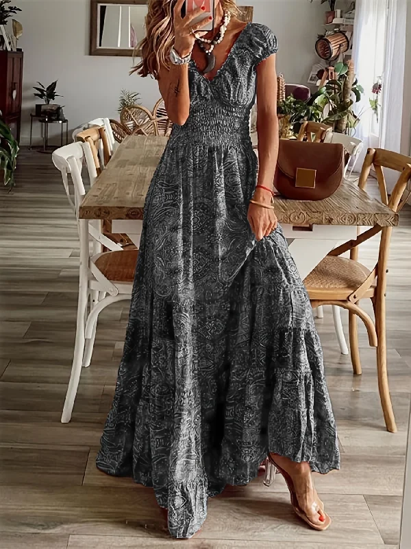 Sixsr Floral Print Ruffle Neck Long Dress, Boho Short Sleeve Waist Summer Large Swing Dresses, Women's Clothing