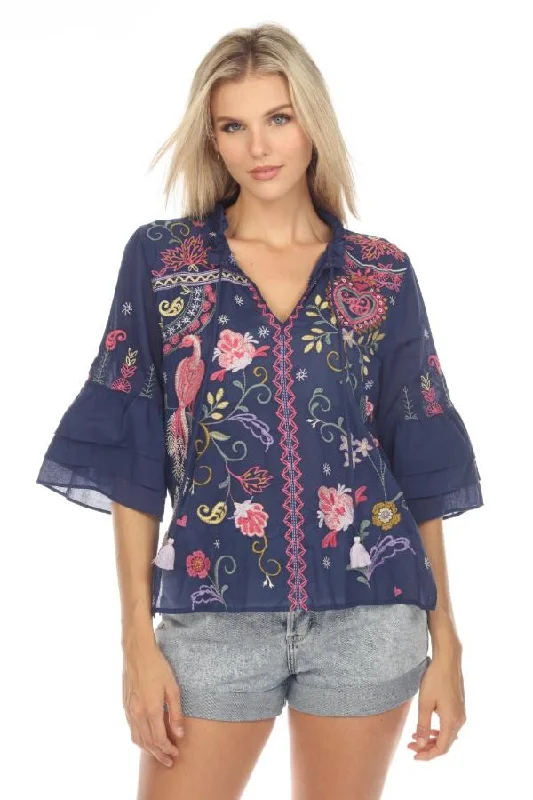 Johnny Was Workshop Ashlee Embroidered Ruffle Sleeve Blouse Boho Chic W11523