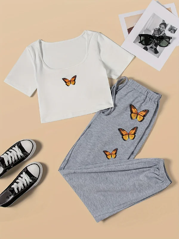 Sixsr Butterfly Print Casual Two-piece Set, Squared Neck Short Sleeve Tops & Drawstring Pants Outfits, Women's Clothing