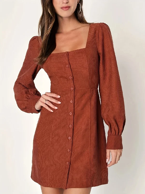 Sixsr Button Front Squared Neck Dress, Casual Solid Long Sleeve Dress, Women's Clothing