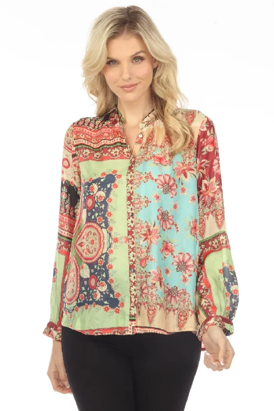 Johnny Was Thena Amabel Silk Printed Button-Down Blouse Boho Chic C15623