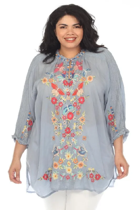 Johnny Was Blue Leona Embroidered 3/4 Sleeve Tunic Top Plus Size C26123