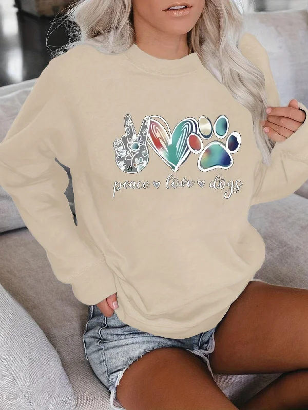 Sixsr Plus Size Casual Sweatshirt, Women's Plus Art Letter & Heart & Paw & Hand Print Long Sleeve Round Neck Slight Stretch Sweatshirt