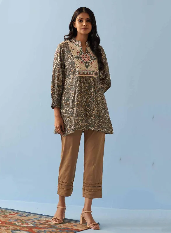 Grey Multi Color Printed Short Tunic with Yoke Embroidery