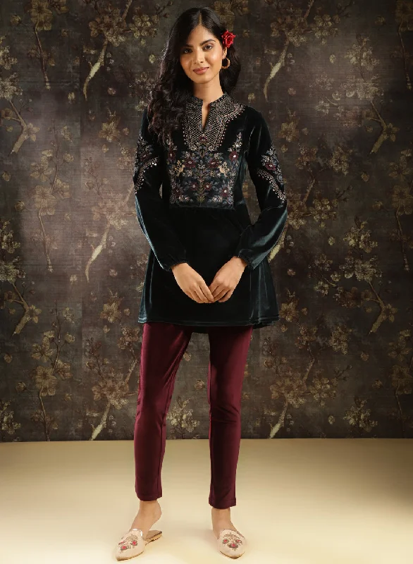 Green Embroidered Velvet Tunic for Women