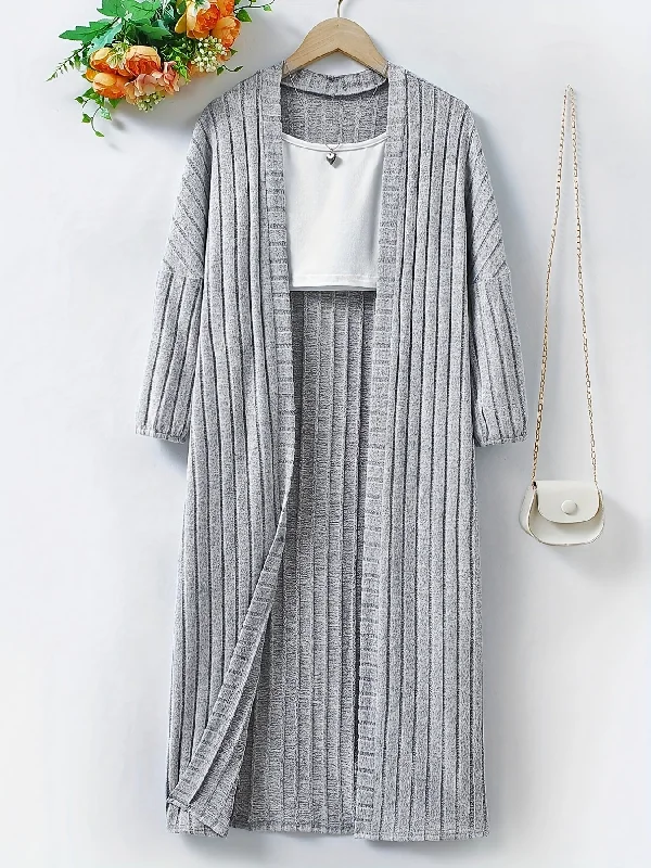 Sixsr Long Length Rib Knit Cardigan, Long Sleeve Casual Open Front Sweater, Women's Clothing