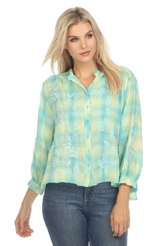 Johnny Was Workshop Green Hazel Plaid Shirred Yoke Blouse W11623