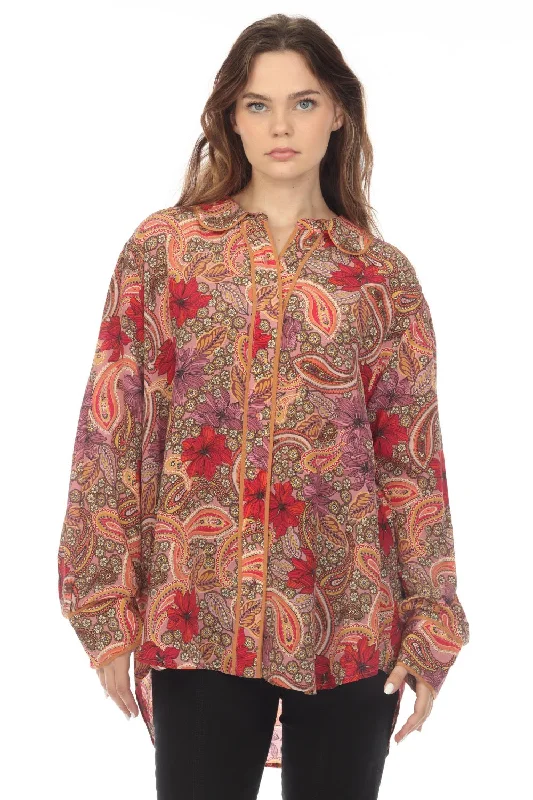 Johnny Was Love Amy Piped Silk Paisley Floral Blouse Plus Size L18022