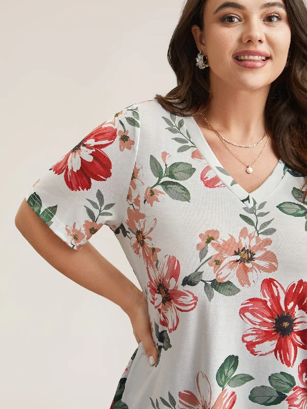 Multi-Color Floral Print V-Neck T-Shirt