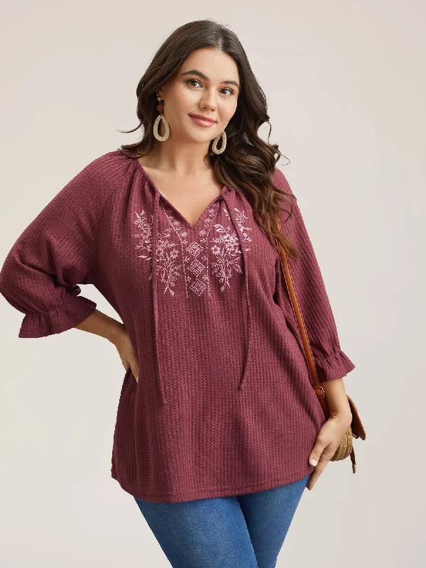 Embroidered Neck-Tie Ruffles Top