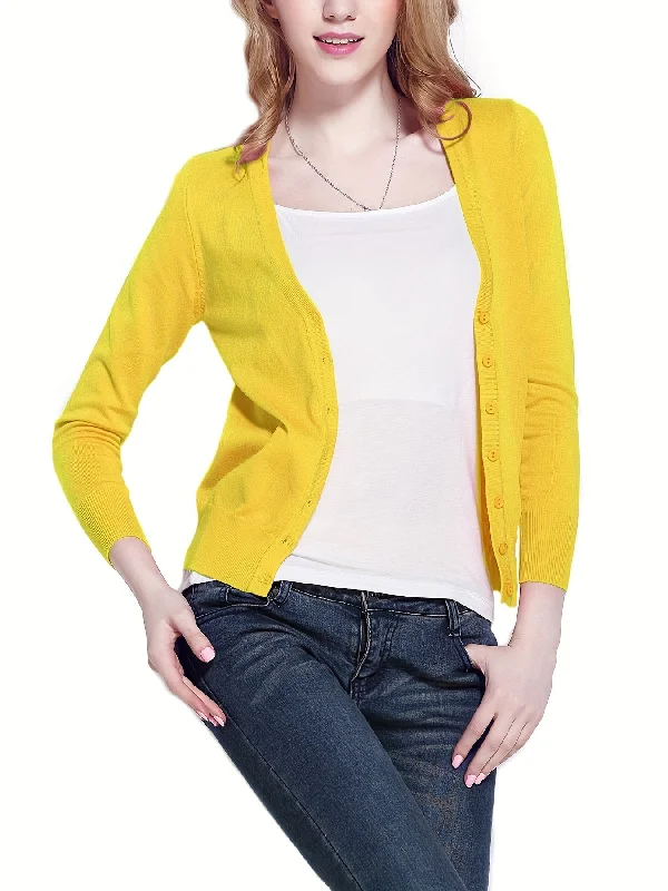 Sixsr Button Front Solid Cardigan, Casual Long Sleeve Cardigan For Spring & Fall, Women's Clothing