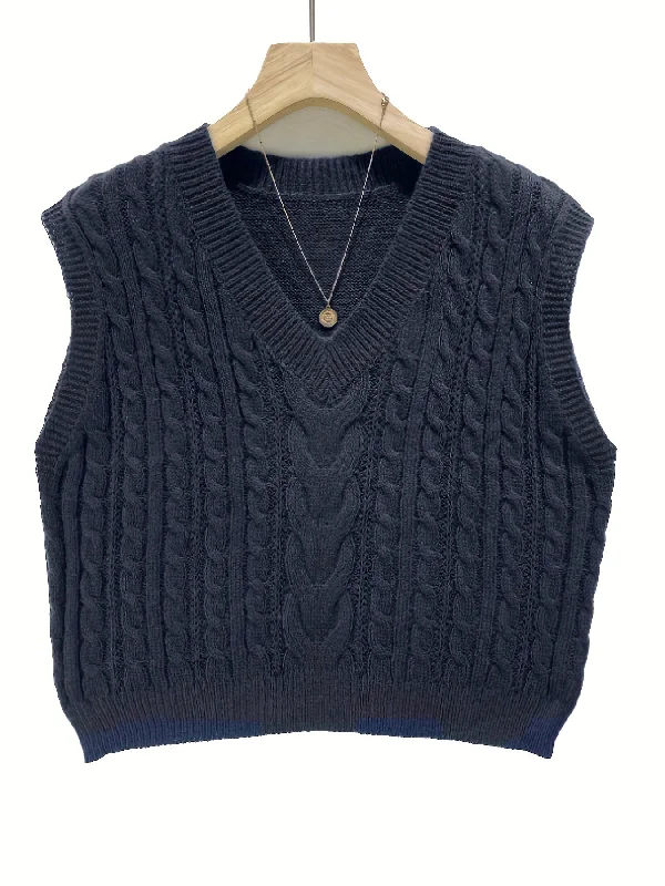 Sixsr Cable Knit Sweater Vest, Preppy Solid Sleeveless V Neck Vest, Women's Clothing