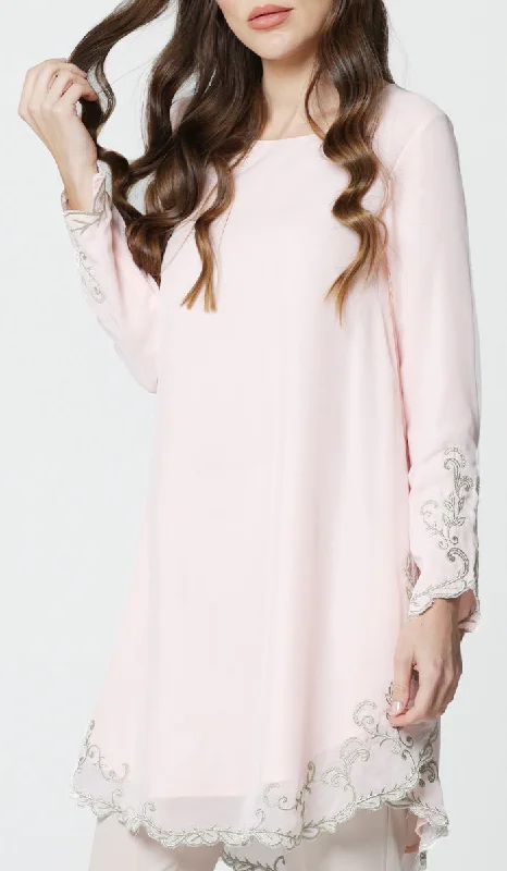 Meena Chiffon Formal Embroidered Long Modest Tunic - Blush