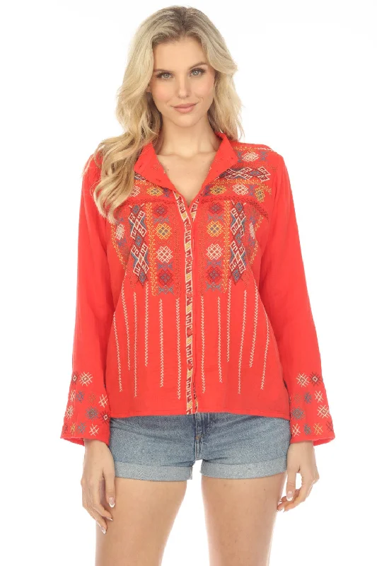 Johnny Was Workshop Red Embroidered Button-Down Blouse Boho Chic W10008