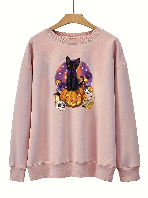 Sixsr Plus Size Halloween Casual Sweatshirt, Women's Plus Cat & Skull & Pumpkin Print Round Neck Long Sleeve Sweatshirt