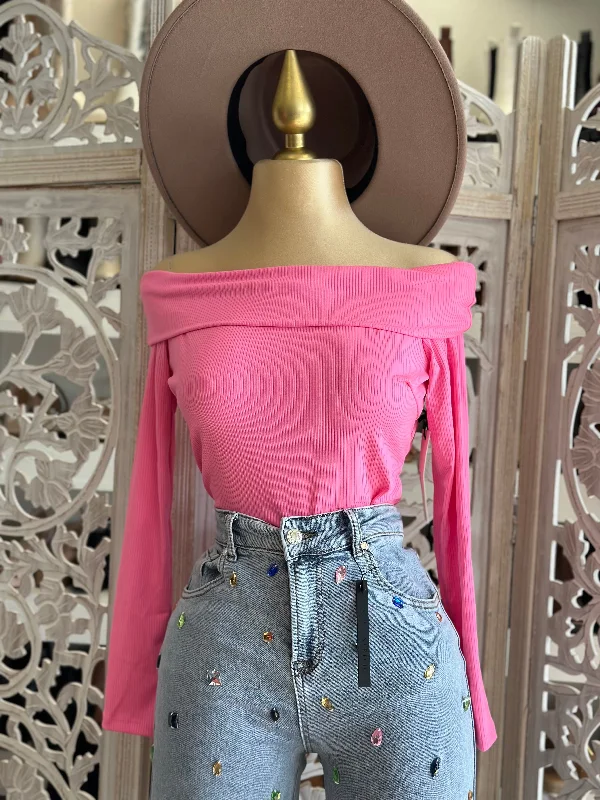 Pink Ribbed Off Shoulder Top