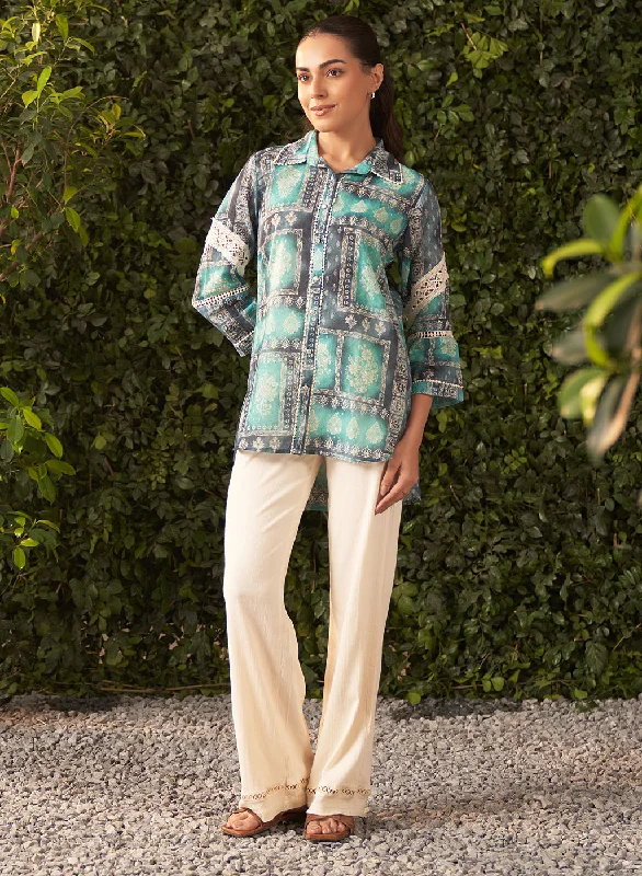 Lyla Sea Green Printed Cotton Jacquard Straight Shirt for Women