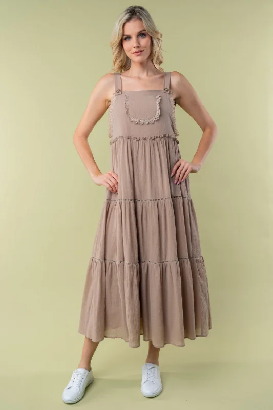 Taupe Front Pocket Tiered Overall Midi Dress