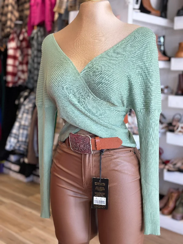 Green Ribbed Wrapped Blouse