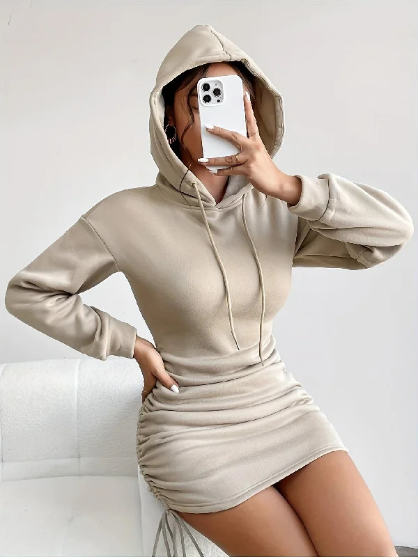 Sixsr Drawstring Hoodie Ruched Dress, Casual Long Sleeve Dress For Spring & Fall, Women's Clothing