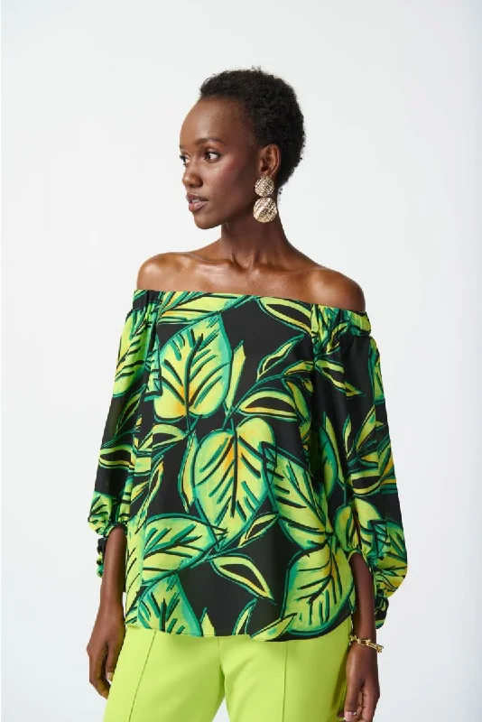 Joseph Ribkoff Black/Multi Tropical Leaf Print Off-Shoulder Puff Sleeve Top 241277