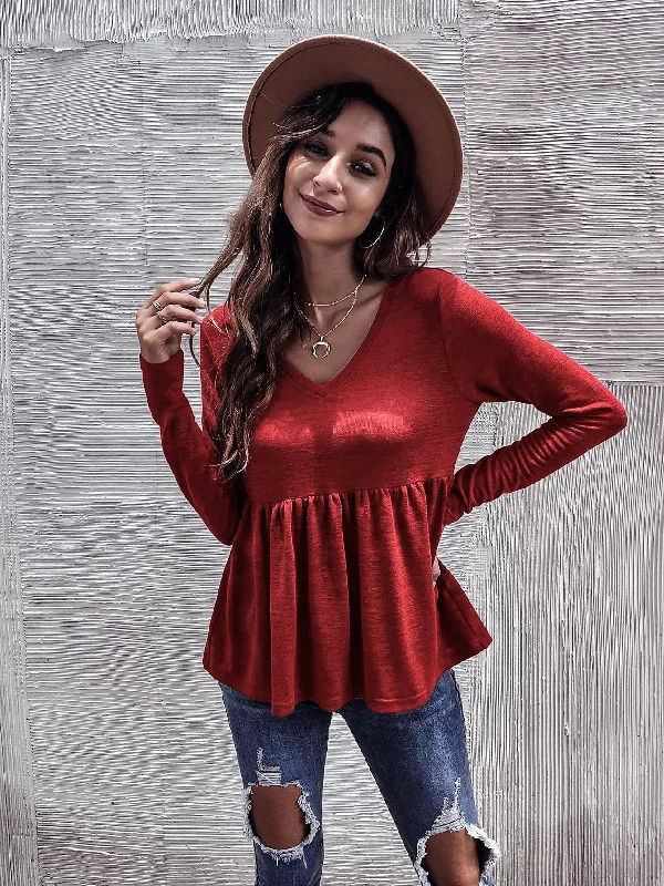 Casual Plain Ruffle Hem Long Sleeve V Neck Flared Regular Women T-Shirt