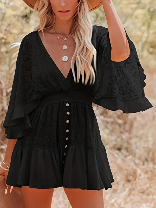 Sixsr Women's Dresses Casual Lace Patchwork Batwing Sleeve V Neck Fashion Summer Loose Dress