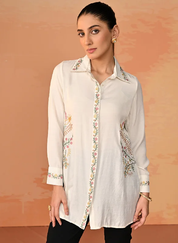 Nausheen Ivory Embroidered Viscose Shirt for Women