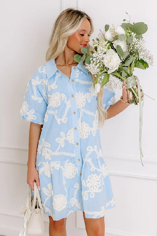 Floral Statement Embroidered Mini Dress in Sky Blue