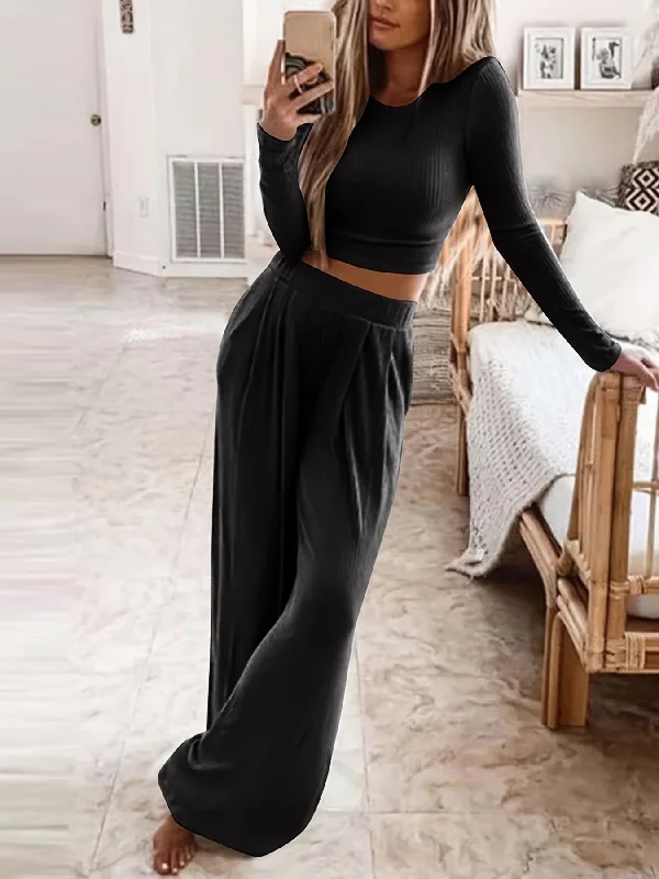 Sixsr Solid Casual Two-piece Set, Crew Neck Long Sleeve Tops & High Waist Wide Leg Pants Outfits, Women's Clothing