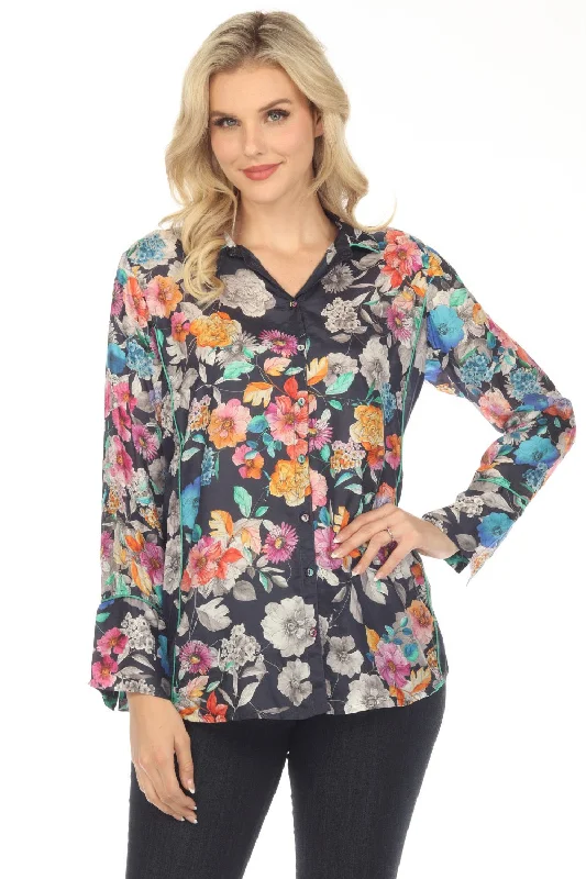 Johnny Was Fall Dancer Button Up Silk Floral Long Sleeve Top Boho Chic C15923