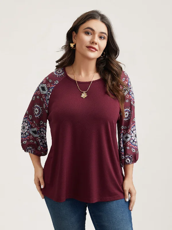 Boho Print Sleeve Round Neck T-Shirt