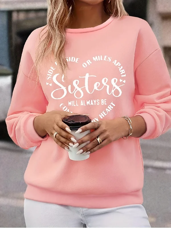 Sixsr Plus Size Casual Sweatshirt, Women's Plus Slogan Print Long Sleeve Round Neck Sweatshirt