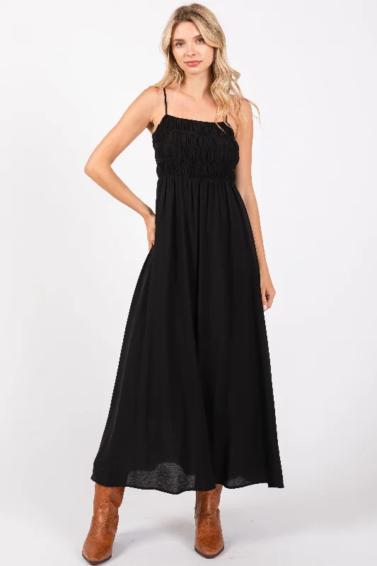 Black Smocked Cutout Lace Up Back Maxi Dress