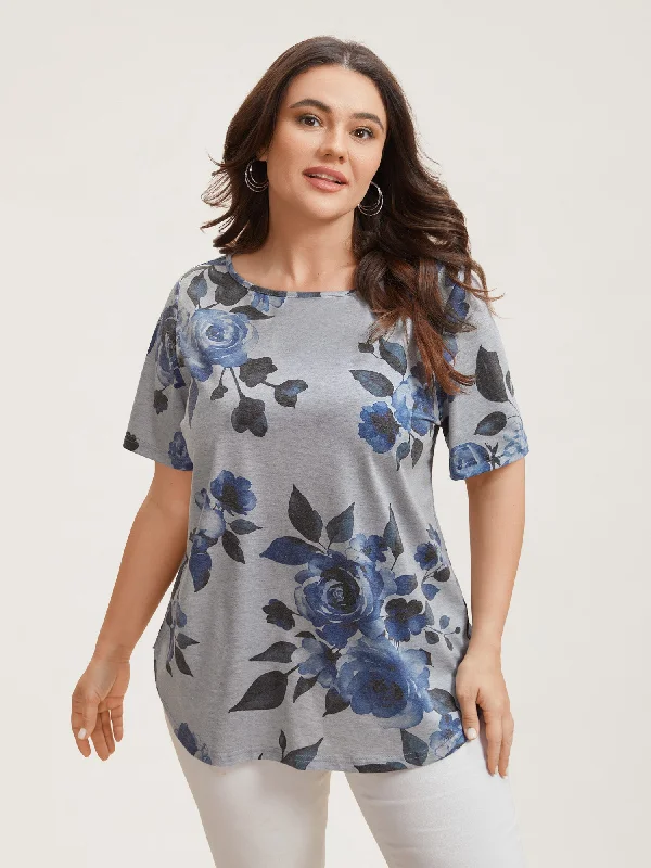 Floral Print Round Neck Fitted T-Shirt