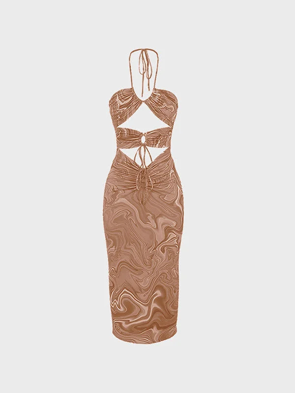 Cutout Wave Print Halter Midi Dress