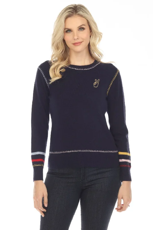 Johnny Was Navy Peace Knit Wool Cashmere Sweater Boho Chic M63123