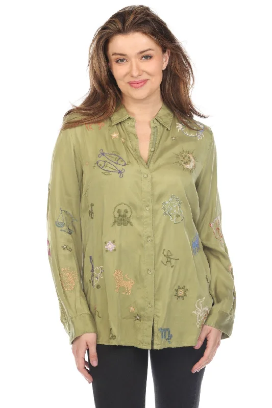 Johnny Was Workshop Pistachio Green Ariana Button Back Shirt Boho Chic W15123