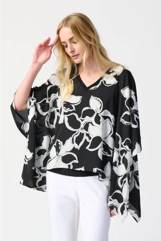 Joseph Ribkoff Black/Vanilla Floral Print Two-Tone V-Neck Poncho Top 241170