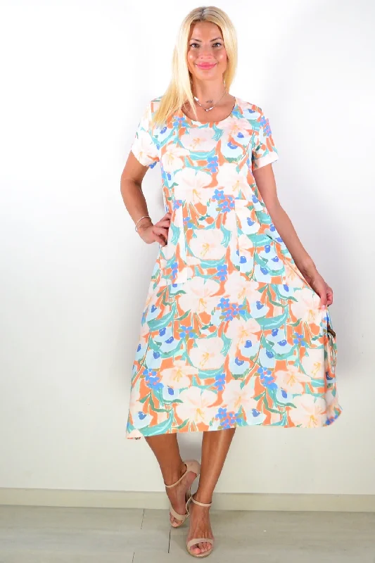 Peach Floral Garden Print Tunic Dress