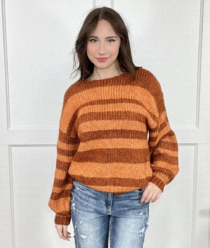 Sunset Striped Women's Chunky Knit Puffy Sleeve Sweater