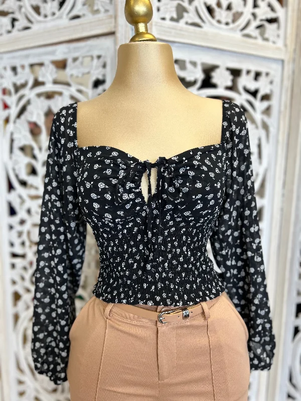 Keyhole Black Floral Blouse