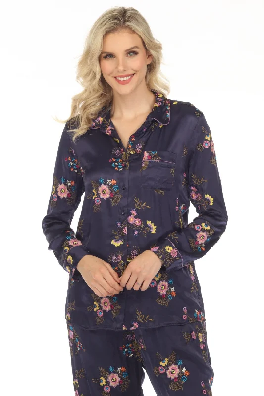 Johnny Was Love Blue Misty Rayon Embroidered Button Down Shirt Boho Chic L12923