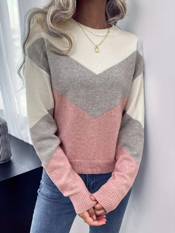 Sixsr Color Block Crew Neck Sweater, Casual Long Sleeve Sweater For Fall & Winter, Women's Clothing