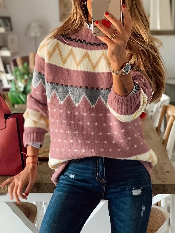 Sixsr Graphic Pattern Mock Neck Sweater, Casual Long Sleeve Sweater For Fall & Winter, Women's Clothing