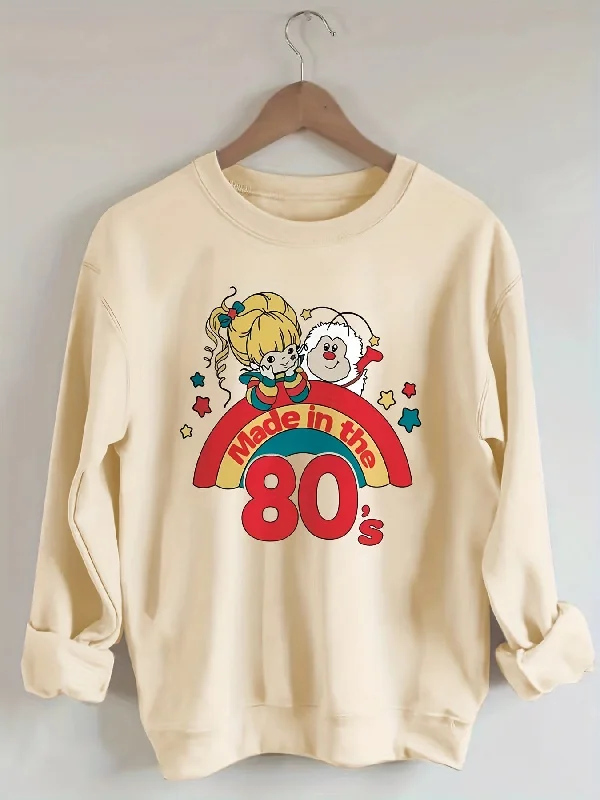 Sixsr Plus Size Casual Sweatshirt, Women's Plus Cartoon Figure & Rainbow & Letter "80s" Print Long Sleeve Round Neck Slight Stretch Sweatshirt