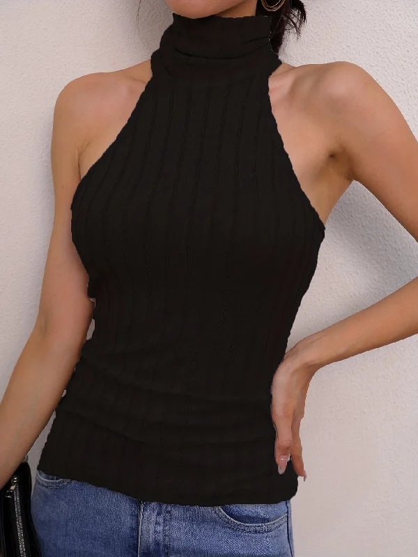 Sixsr High Neck Knitted Top, Sleeveless Casual Top, Women's Clothing