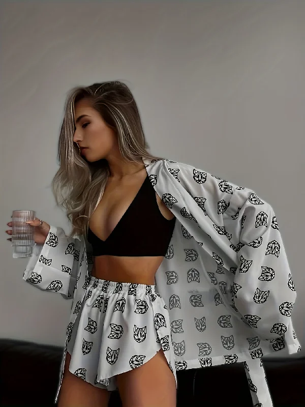 Sixsr Graphic Print Casual Two-piece Set, Open Front Long Sleeve Tops & Elastic Waist Shorts Outfits, Women's Clothing