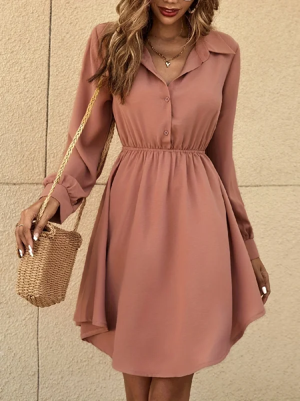 Sixsr Cinched Waist Simple Dress, Casual Button Front Long Sleeve Dress, Women's Clothing